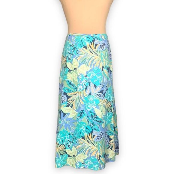 Talbots Skirt Multicolored Blue Tropical Leaf Pattern Lightweight Linen Blend - Picture 1 of 11